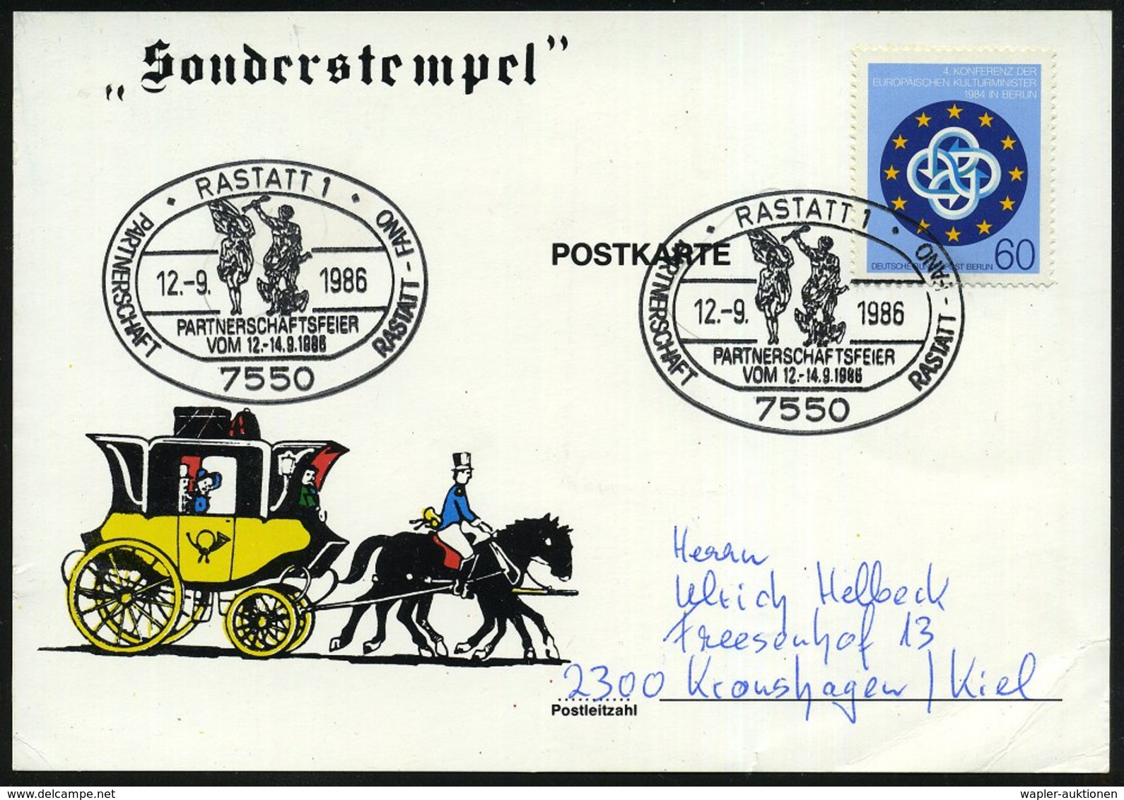 1986 (12.9.) 7550 RASTATT 1, Sonderstempel Städtepartnerschaft Mit Fano (Symbolfiguren Der Städte) Inl.-Karte (Bo.35) -  - Sonstige & Ohne Zuordnung