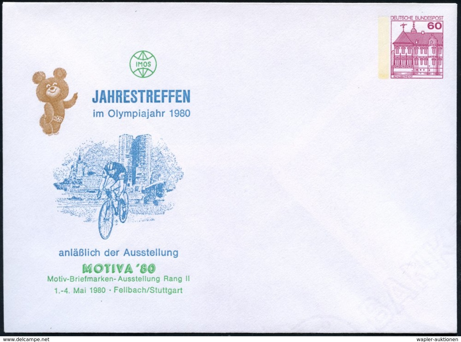1980 (Mai) Fellbach, PU 60 Pf. Schloß Rheydt: IMOS JAHRESTREFFEN.. = Radrennfahrer, Olympiamaskottchen Teddybär, Ungebr. - Other & Unclassified