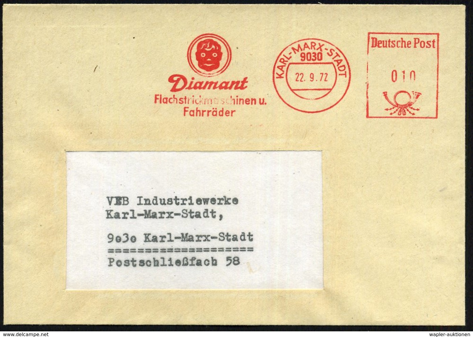 1972 9030 KARL-MARX-STADT, Absender-Freistempel: Diamant.. Fahrräder (Logo: Kinderkopf) Firmenbrief - Fahrrad / Bicycle  - Other & Unclassified