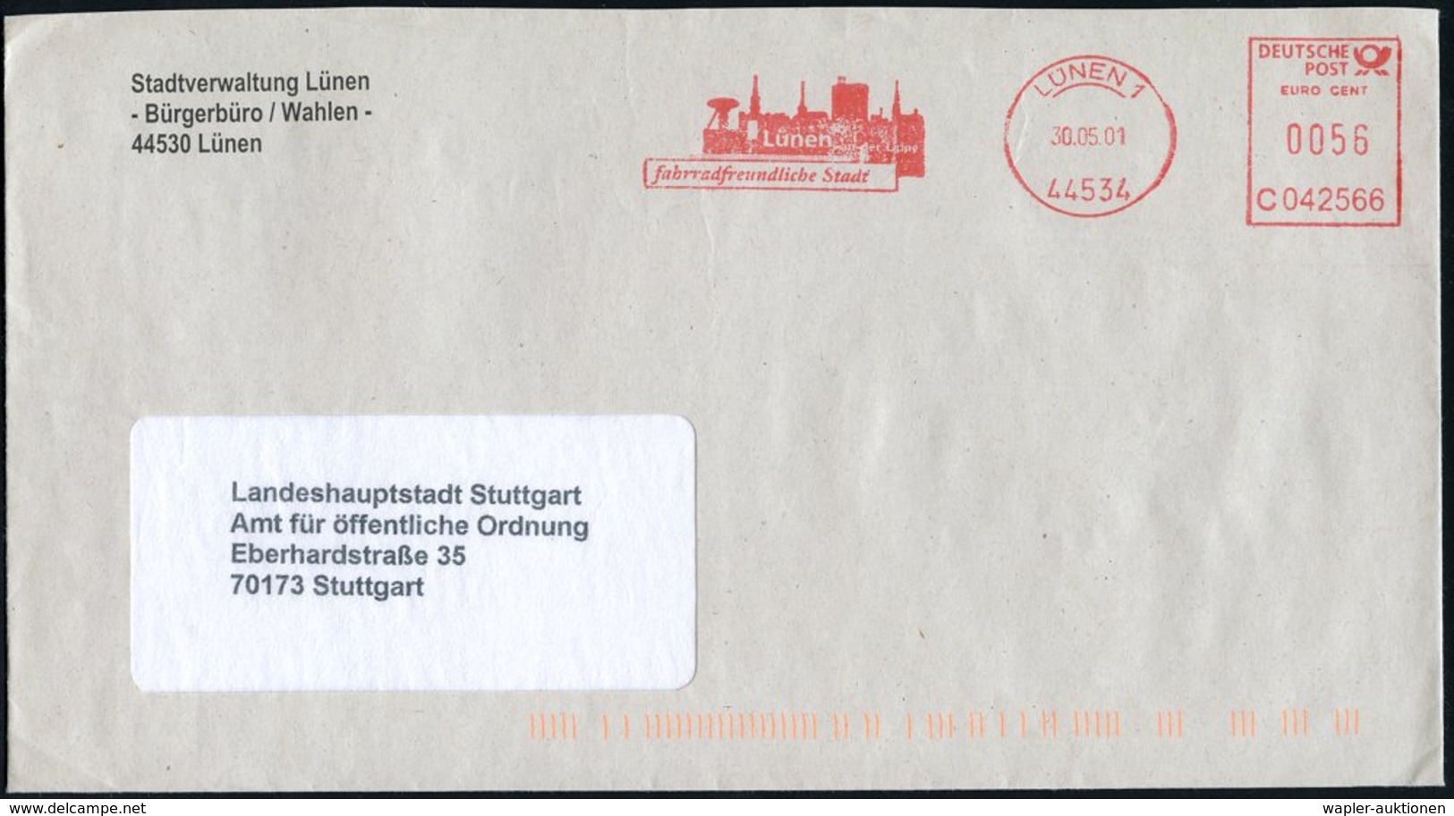 2001 44534 LÜNEN 1, Kommunaler Absender-Freistempel: Fahrradfreundliche Stadt, Kommunalbrief - Fahrrad / Bicycle / Bicyc - Other & Unclassified