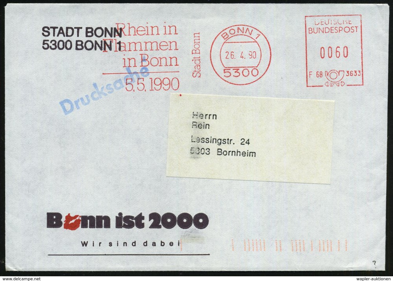1990 5300 BONN 1, Absender-Freistempel: Rhein In Flammen In Bonn.. (= Feuerwerk, Pyrotechn. Veranstaltung Zur 2000 Jahrf - Other & Unclassified