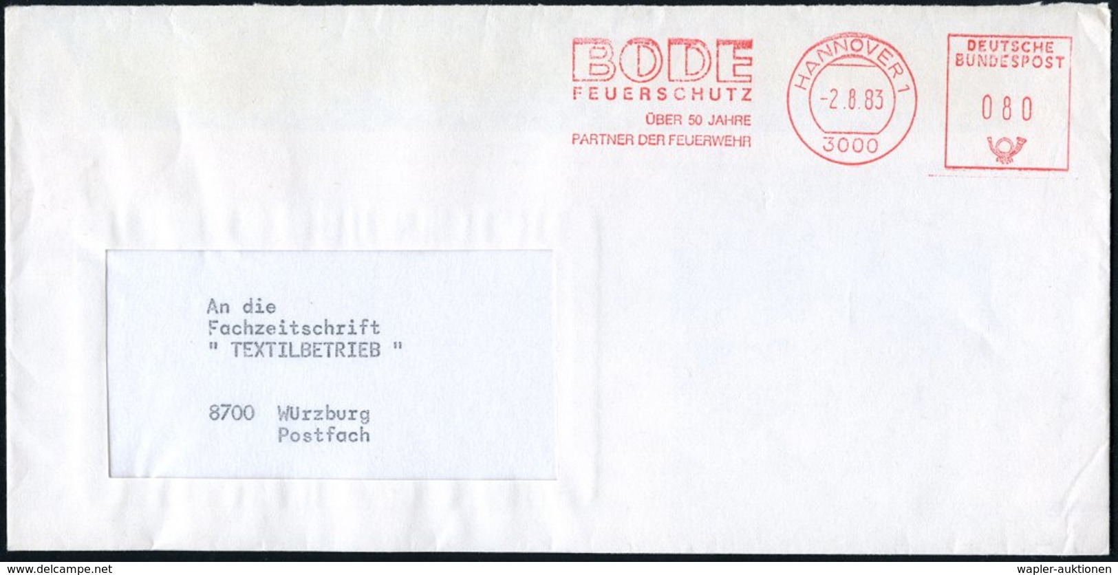 1983 3000 HANNOVER 1, Absender-Freistempel: BODE FEUERSCHUTZ.., Fernbrief - Feuerwehr, Pyrotechnik & Katatrophenschutz / - Other & Unclassified