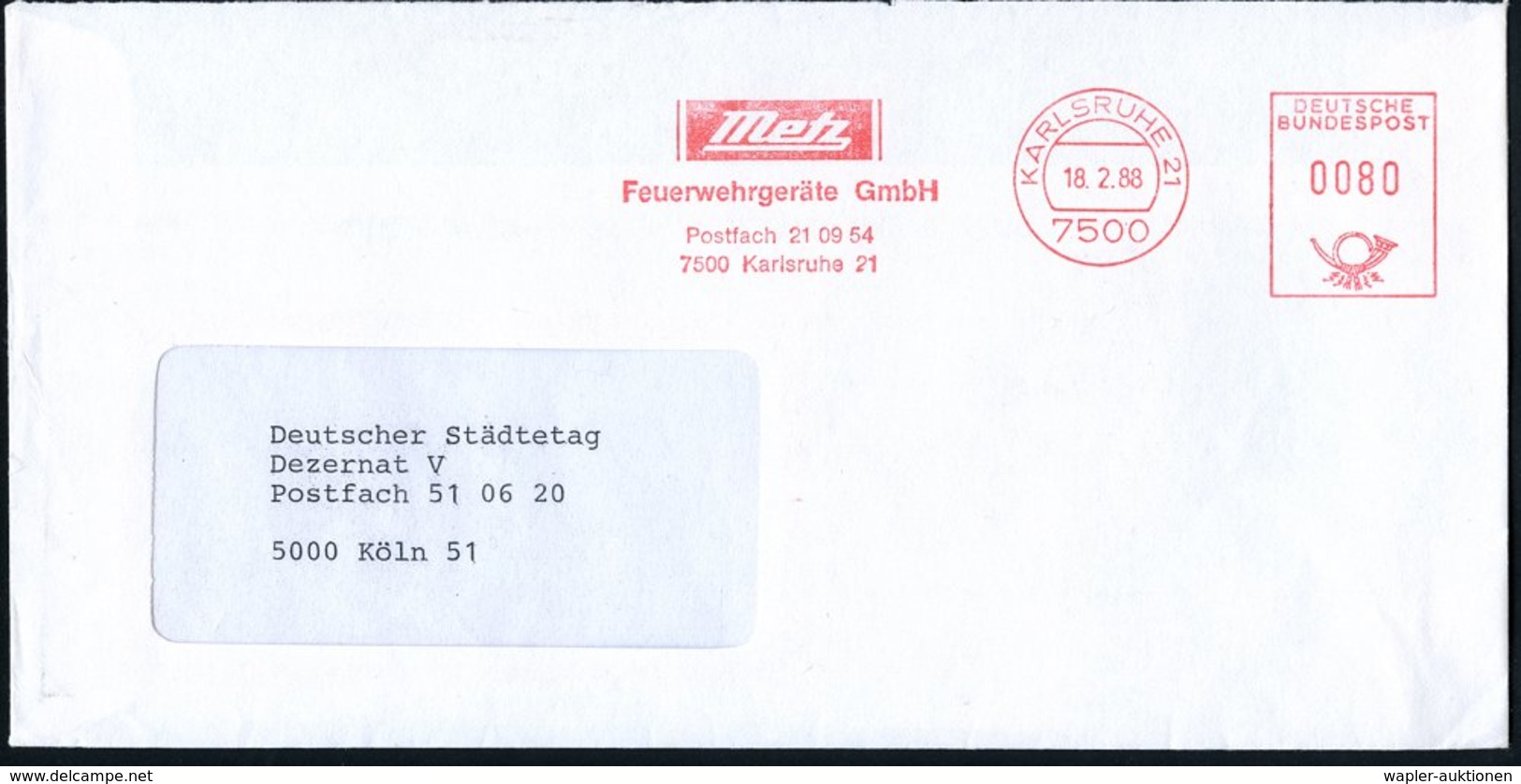 1988 7500 KARLSRUHE 21, Absender-Freistempel: Metz Feuerwehrgeräte GmbH, Fernbrief - Feuerwehr, Pyrotechnik & Katatrophe - Other & Unclassified