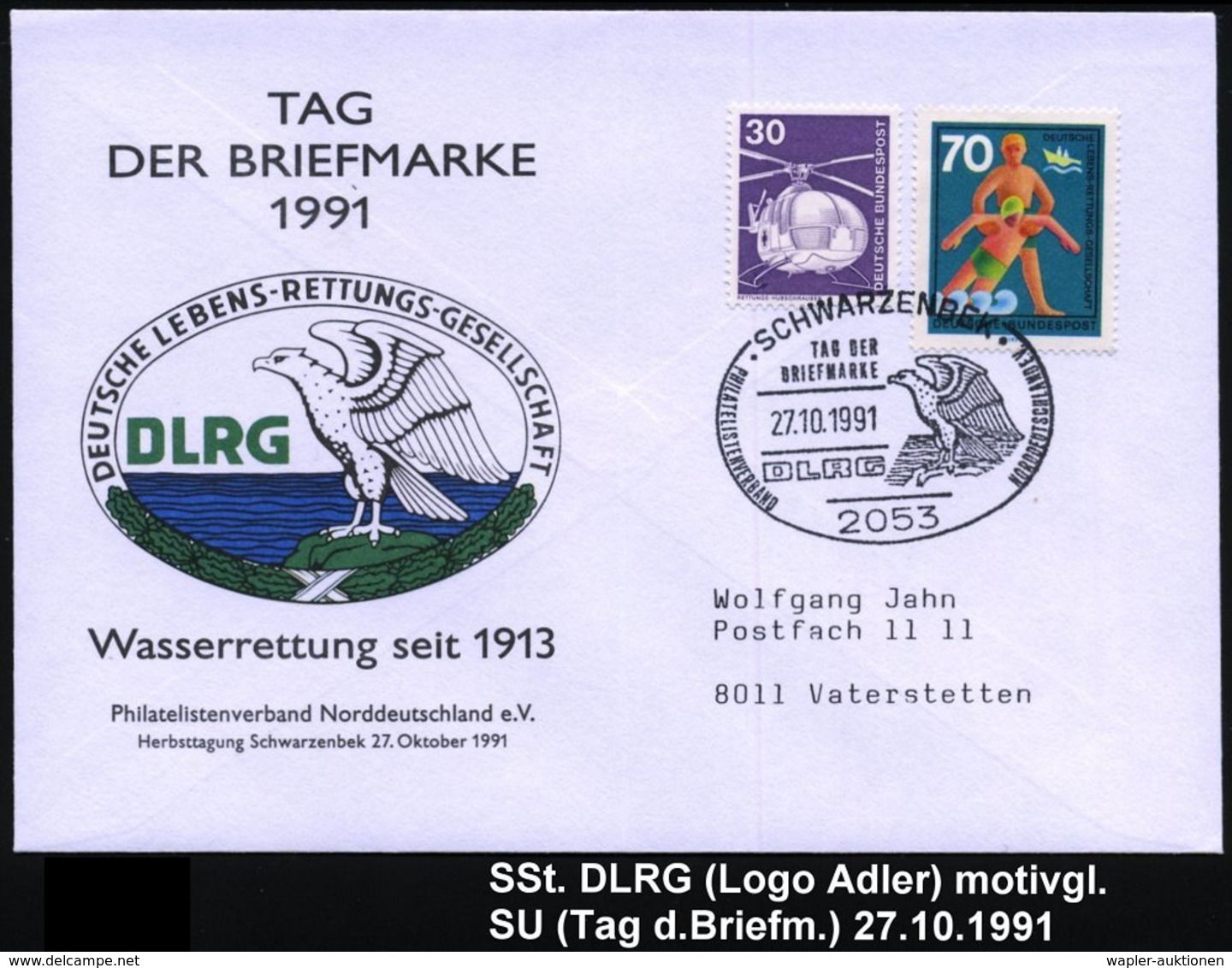 1991 (27.10.) 2053 SCHWARZENBERG, Sonderstempel DLRG, Tag Der Briefmarke (DLRG-Logo) Motivgleicher Sonderumschlag - Feue - Other & Unclassified