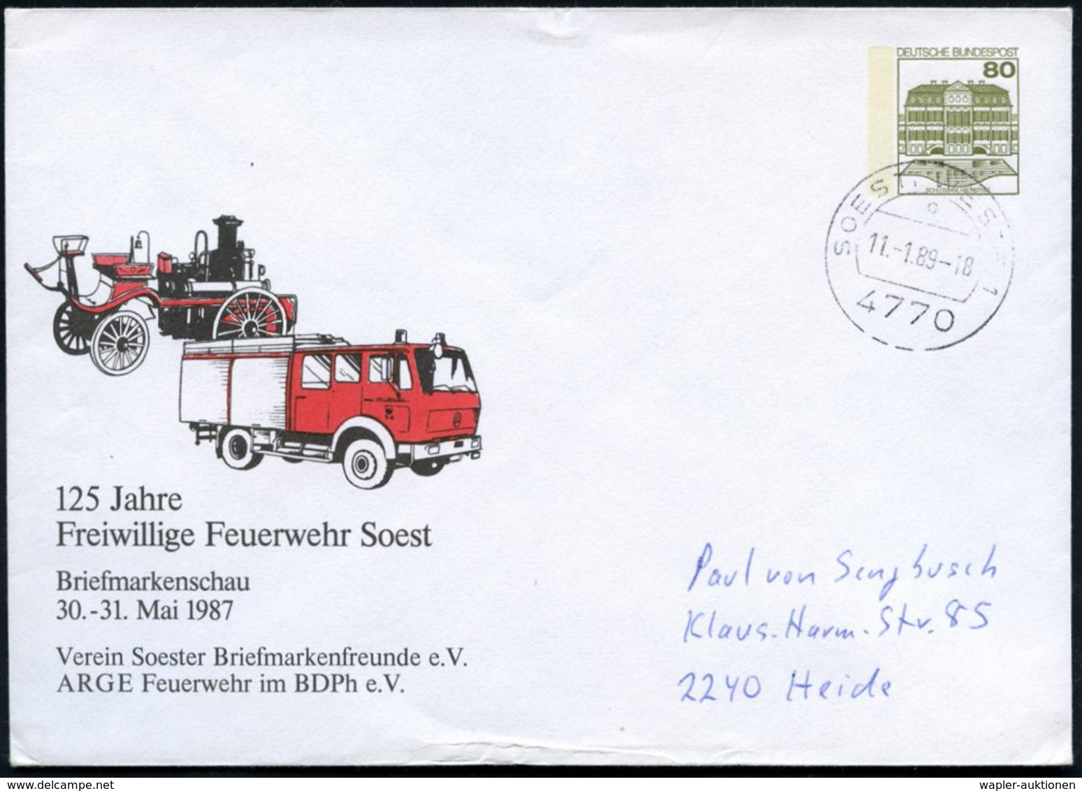 1898 4770 SOEST 1, PU 80 Pf. Burgen: 125 Jahre Freiwillige Feuerwehr Soest = Histor. U. Modernes Feuerwehrfahrzeug (rs.  - Sonstige & Ohne Zuordnung