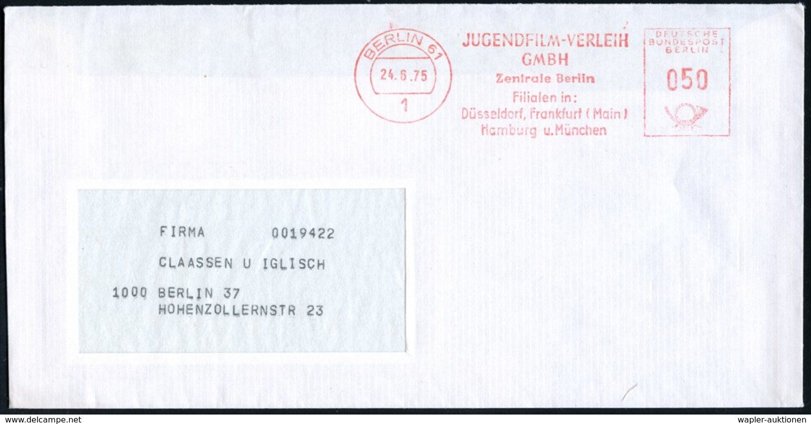 1975 1 BERLIN 61, Absender-Freistempel: JUGENDFILM-VERLEIH GMBH.., Ortsbrief - Film & Kino / Film & Cinema / Film & Ciné - Other & Unclassified