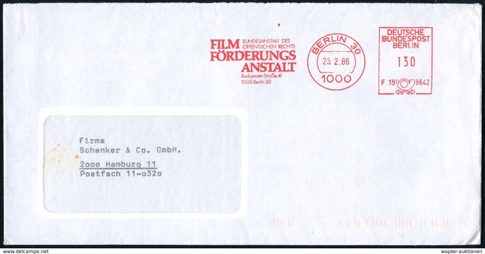 1986 1000 BERLIN 30, Absender-Freistempel: FILM FÖRDERUNGS ANSTALT.., Fernbrief - Film & Kino / Film & Cinema / Film & C - Sonstige & Ohne Zuordnung