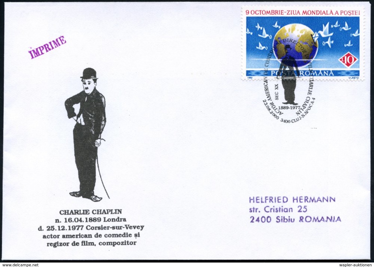 2000 (23.8.) RUMÄNIEN, Sonderstempel: 3400 CLUIJ-NAPOCA, ACTOR AMERICANO.. CHARLIE CHAPLIN (Chaplin Als "Tramp" Mit Melo - Other & Unclassified