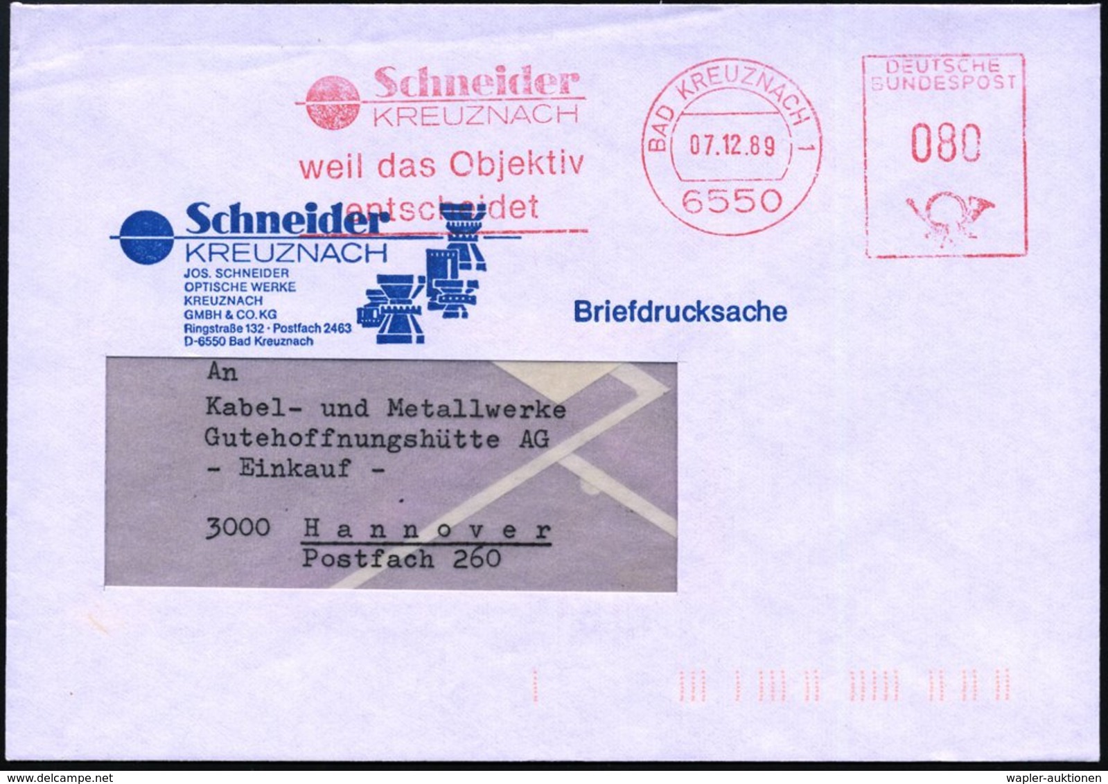 1989 (7.12.) 6550 BAD KREUNZNACH 1, Absender-Freistempel: Schneider.. (Objektive) Auf Reklame-Brief Mit Foto-Objektiven  - Other & Unclassified