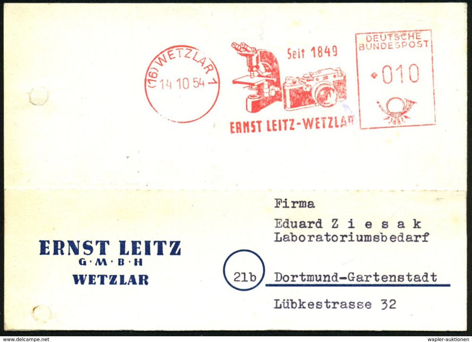 1954 (16) WETZLAR 1, Absender-Freistempel: ERST LEITZ = Mikroskop U. Kleinbild-Kamera, (gelochte) Firmenkarte - Fotograf - Other & Unclassified