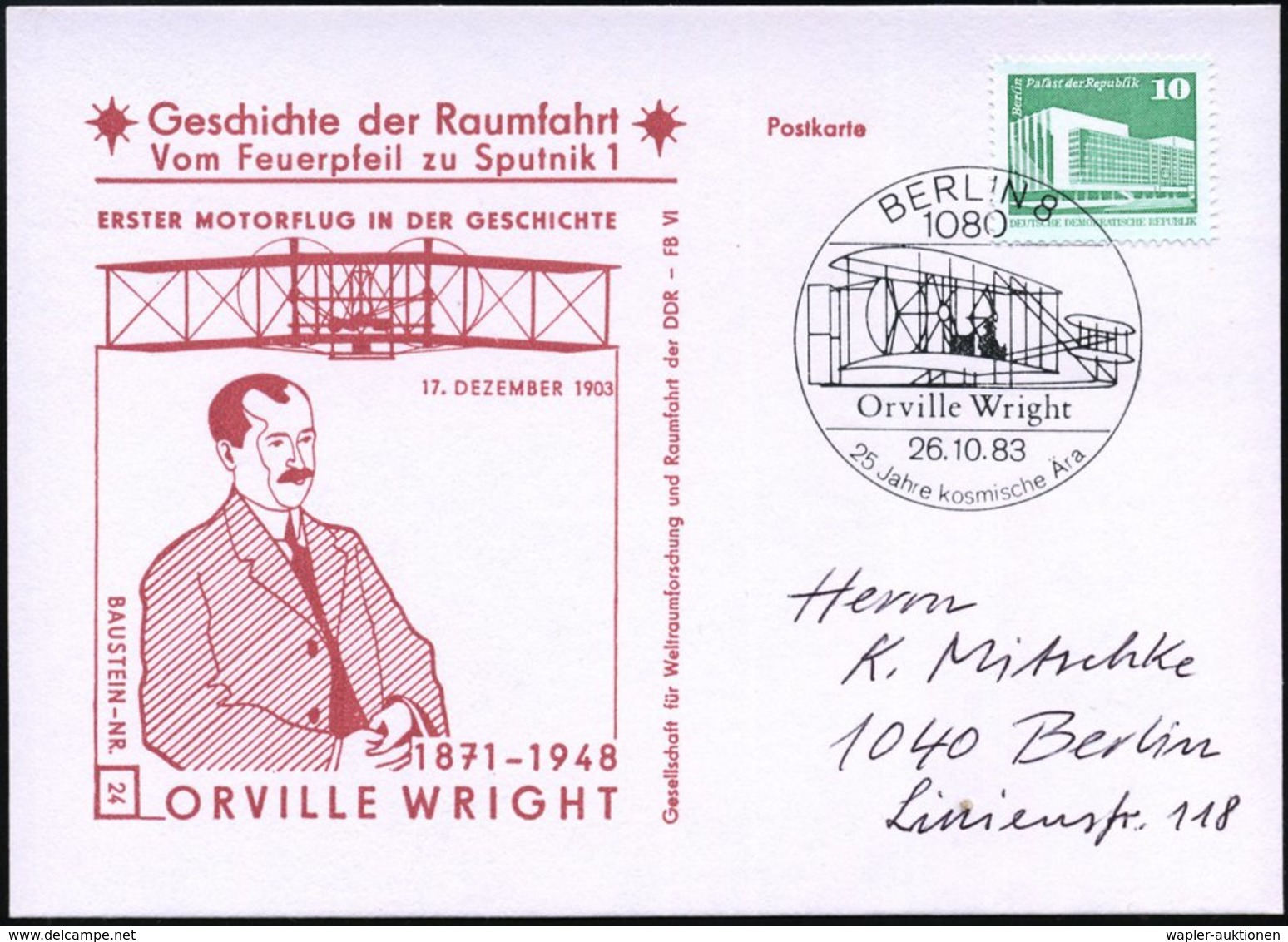 1983 (26.10.) 1080 BERLIN 8, Sonderstempel: Orville Wright = 1. Motorflugzeug Auf Passender Sonderkarte - Luftfahrt-Pion - Other & Unclassified