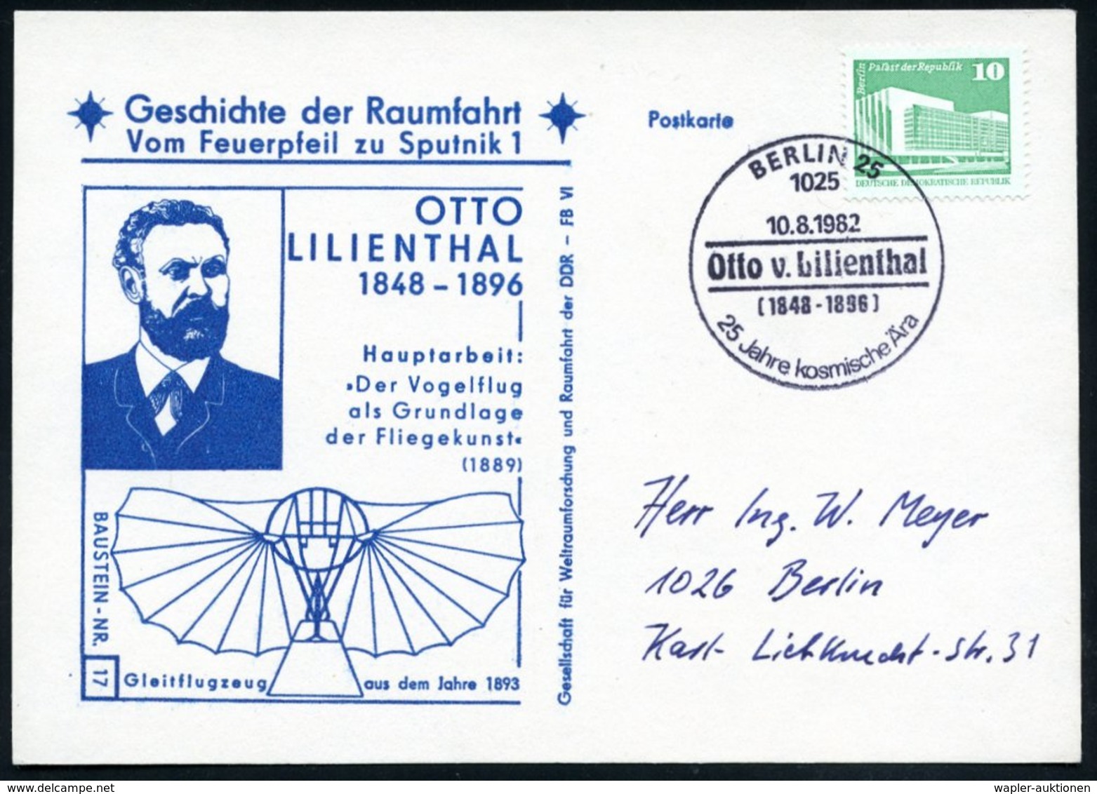 1982 (10.8.) 1025 BERLIN 25, Sonderstempel: Otto V. Lilienthal (= Irrtümlich "v.(on)", Lilienthal War Nicht Adlig!) Lili - Other & Unclassified