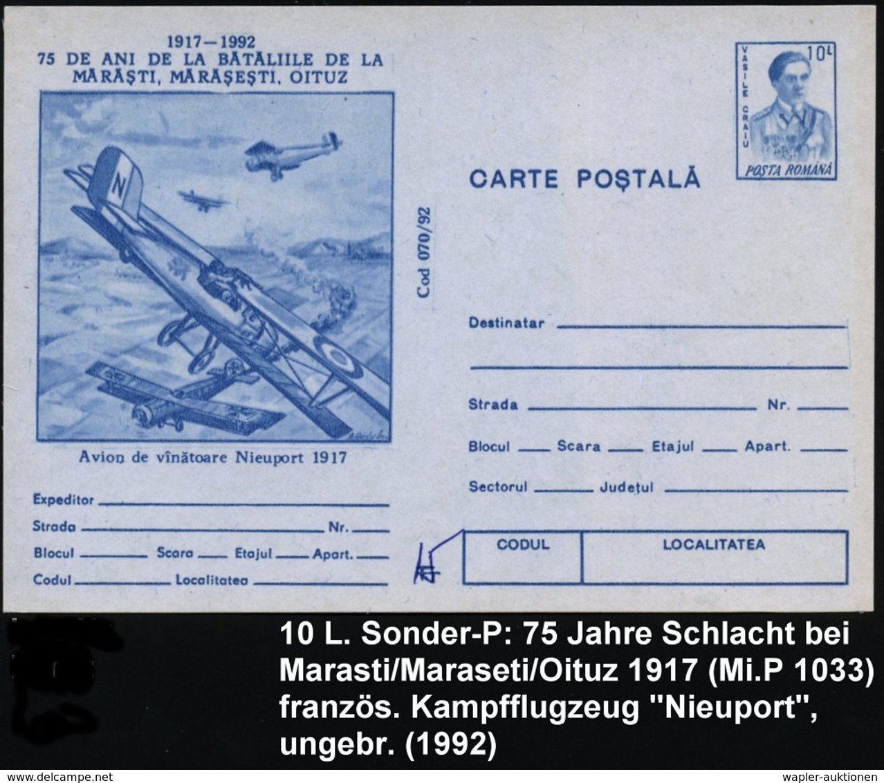 1992 RUMÄNIEN, 10 L. Bildganzsache Vasile Craiu: 75 Jahre Schlacht Bei Marasti 1917 = Luftkampf Kampfflugzeuge "Nieuport - Other & Unclassified