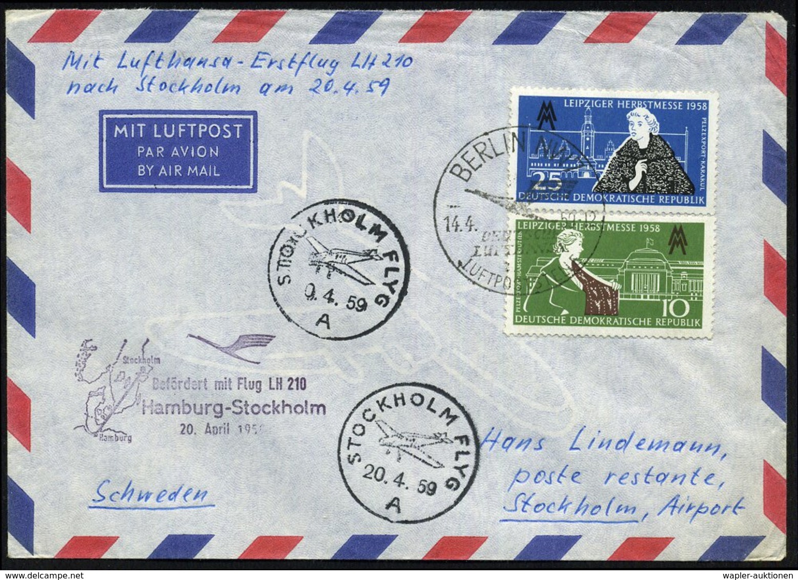 1959 (14.4.) BERLIN NW 7, Erstflug Lufthansa Hamburg - Stockholm, DDR-Mitläufer-Erstflugbrief  Mit DLH-Flugbestätigungss - Other & Unclassified