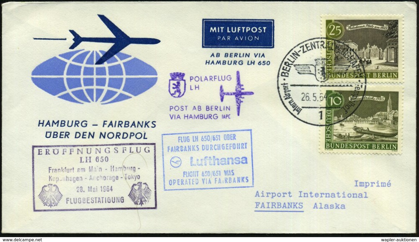 1964 (26.5.) (1) BERLIN-ZENTRALFLUGHAFEN, Lufthansa-Erstflug Frankfurt/ M. - Tokyo Via Nordpol (ab Hamburg) Berlin-Mitlä - Autres & Non Classés