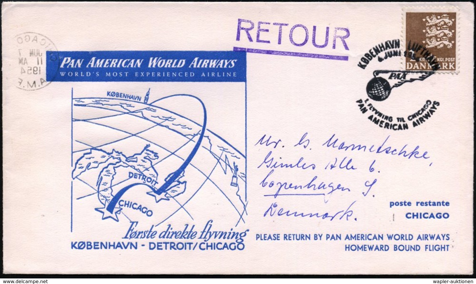 1954 (4.6.) DÄNEMARK, Erstflug PAA Kopenhagen - Chicago Mit Erstflug-Sonderstempel, Erstflug-Sonderumschlag (Lü.292 A 2) - Other & Unclassified