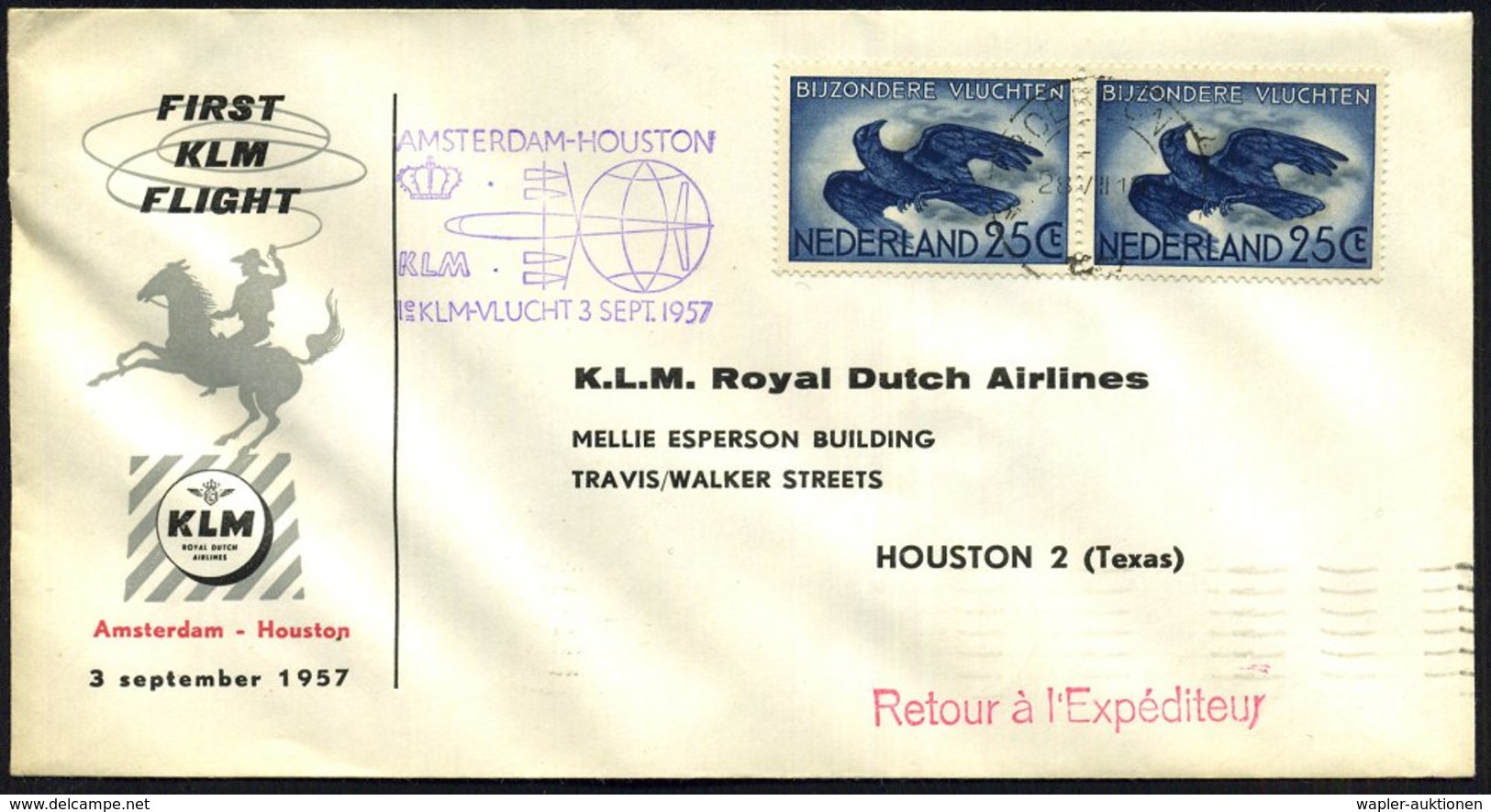 1957 (3.9.) NIEDERLANDE, Erstflug KLM Amsterdam - Houston (rs. Ank.-Stempel) Mit Viol. Flugbestätigungsstempel, Paar 25  - Other & Unclassified