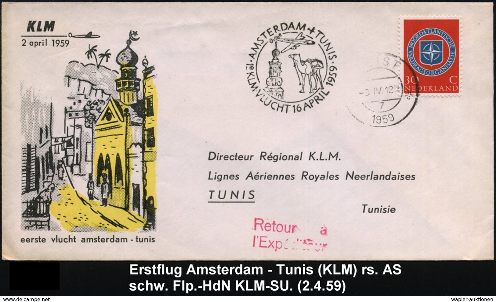 1959 (16.4.) NIEDERLANDE, KLM-Erstflug Amsterdam - Tunis, Rs. Ank.-Stempel + Flug-Bestätigungsstempel (Lasten-Kamel Etc. - Other & Unclassified