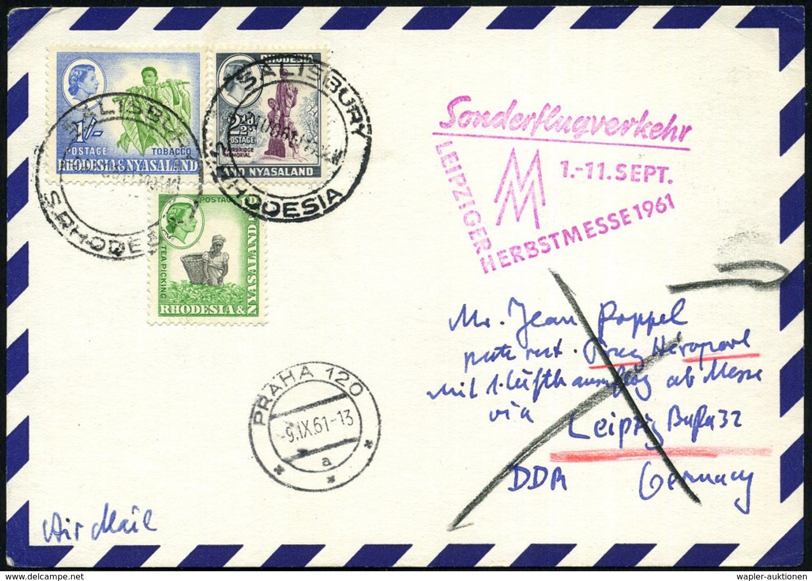 1961 (9.9.) RHODESIEN (NYASALAND), Leipziger Messe-Erstflug Salisbury - (Leipzig) - Prag (vs. Ank.-Stempel) Erstflug-Ret - Other & Unclassified