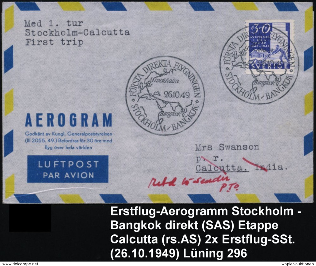 1949 (26.10.) SCHWEDEN, SAS-Erstflug Stockholm - Bangkok (rs. Ank.-Stempel) Sonderstempel Auf Aerogramm (Lü.296) - Erstf - Other & Unclassified