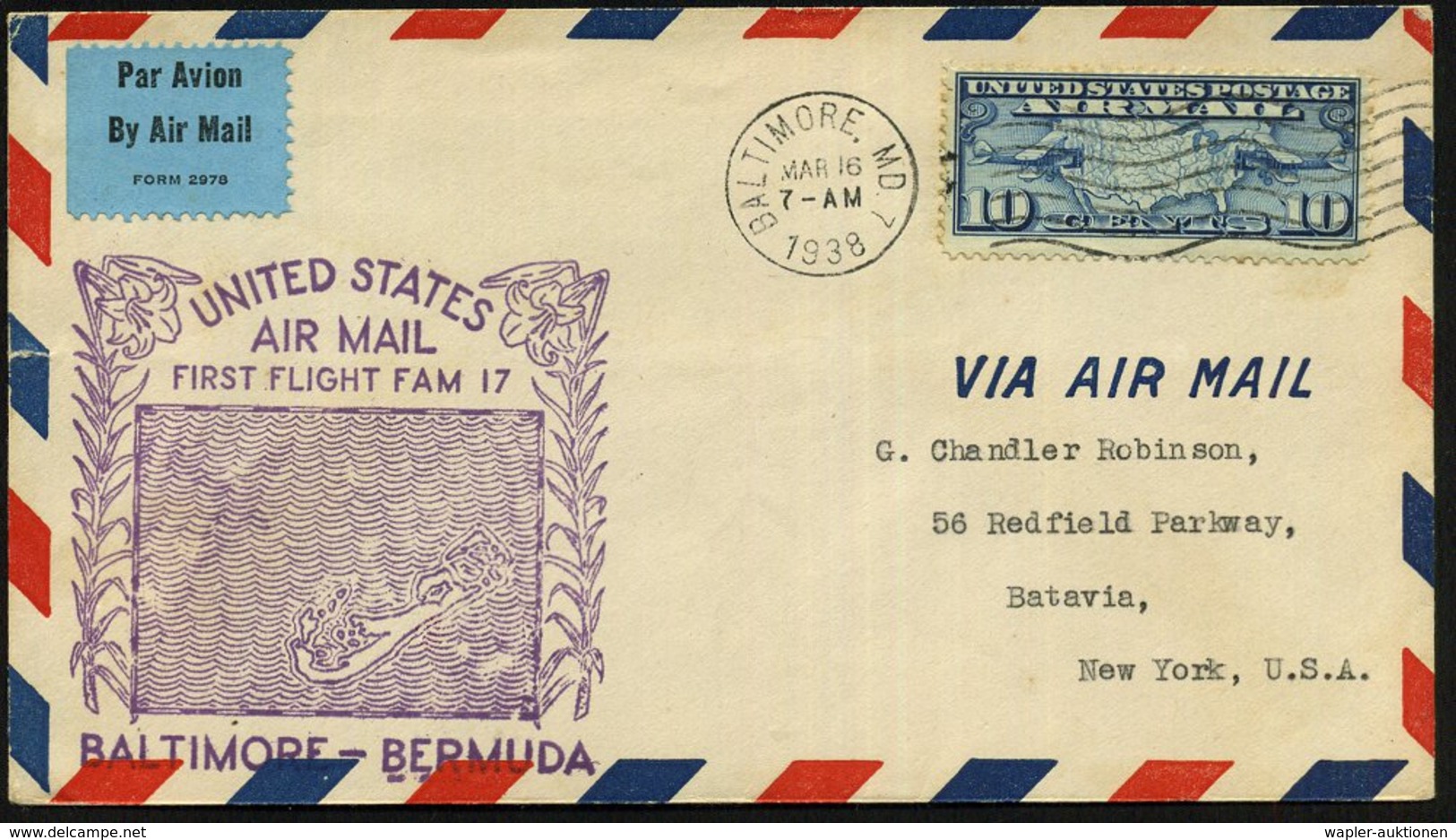 1938 (16.3.) U.S.A., Erstflug FAM 17: Baltimore - Bermuda (rs. Ank.-Stempel) 10 C. Flugpost + Viol. Flugbestätigungsstem - Other & Unclassified