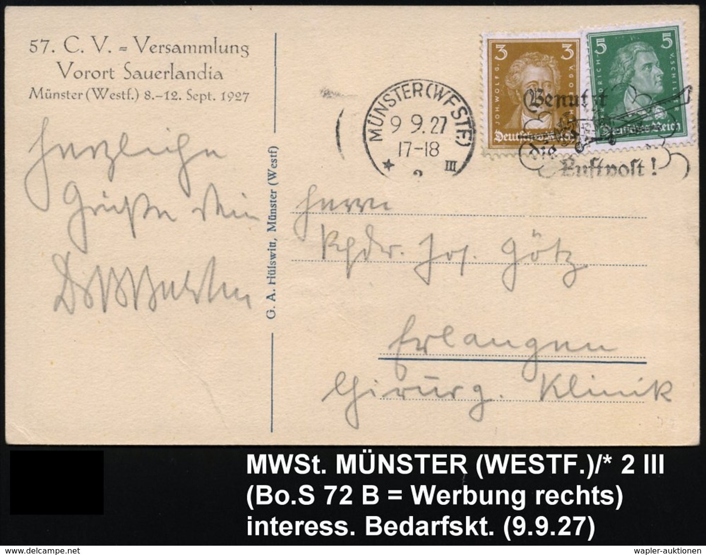 1927 (9.9.) MÜNSTER (WESTF.), Maschinen-Werbestempel: Benutzt Die Luftpost! (Werbung Rechts!) Monochrome Foto-Ak.: 57. C - Other & Unclassified