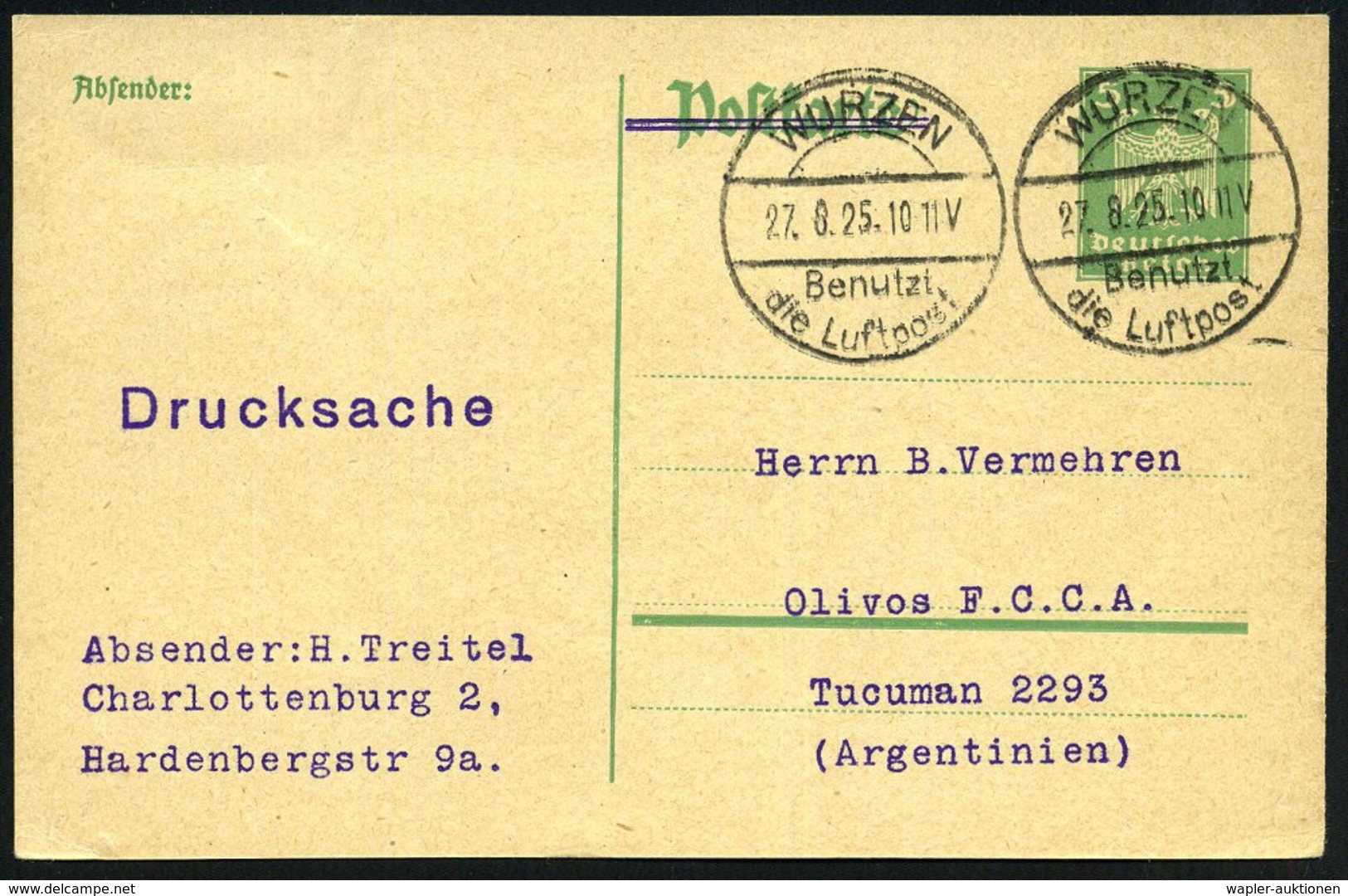 1925 (27.8.) WURZEN, Hand-Werbestempel: Benutzt Die Luftpost, 2x Auf Übersee-Karte (Bo.1, Type I) - Luftpost-Werbestempe - Other & Unclassified