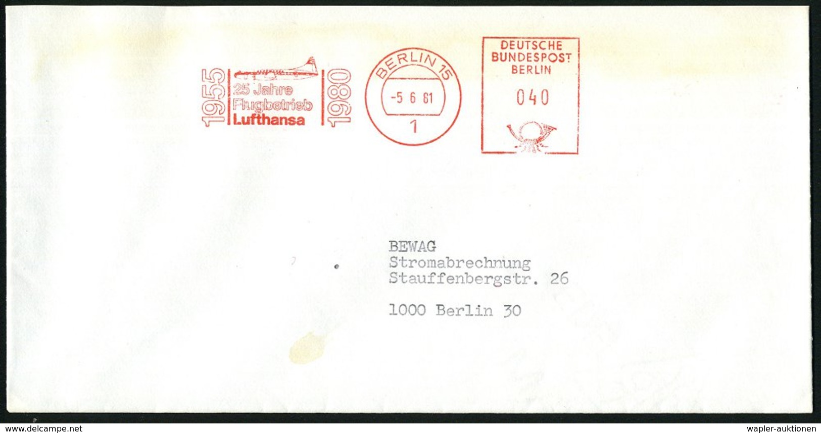 1981 (5.6.) 1 BERLIN 15, Jubil.-Absender-Freistempel: 25 Jahre Flugbetrieb Lufthansa (Flugzeug "Corvair") Ortsbrief, Luf - Other & Unclassified