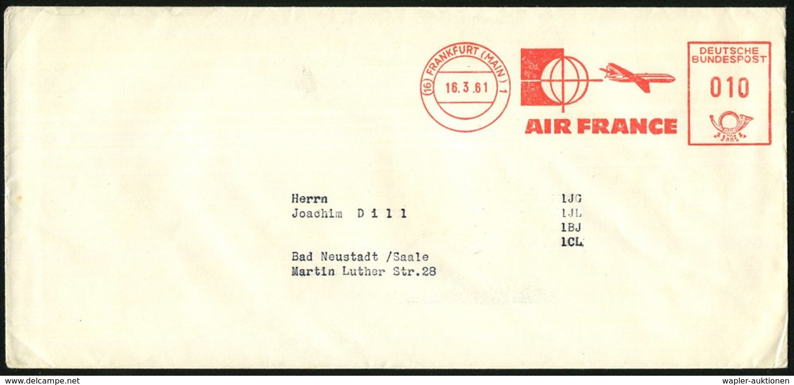 1961 (16.3.) (16) FRANKFURT (MAIN) 1, Absender-Freistempel: AIR FRANCE (Jet "Caravelle" + Globus) Inl.-Brief - Fluggesel - Other & Unclassified