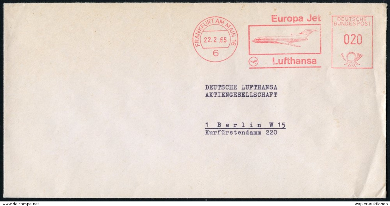 1965 (22.2.) 6 FRANKFURT AM MAIN 16, Absender-Freistempel Lufthansa Europa Jet, Rs. Abs.-Vordruck Mit DLH-Logo, Inl.-Bri - Other & Unclassified