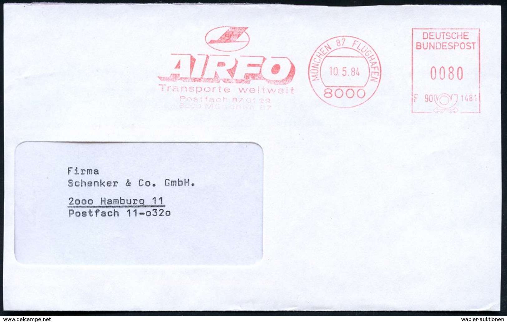 1984 8000 MÜNCHEN 87 FLUGHAFEN, Absender-Freistempel: AIRFRO.. (Logo), Teil-Brief - Fluggesellschaften / Air Lines / Com - Other & Unclassified