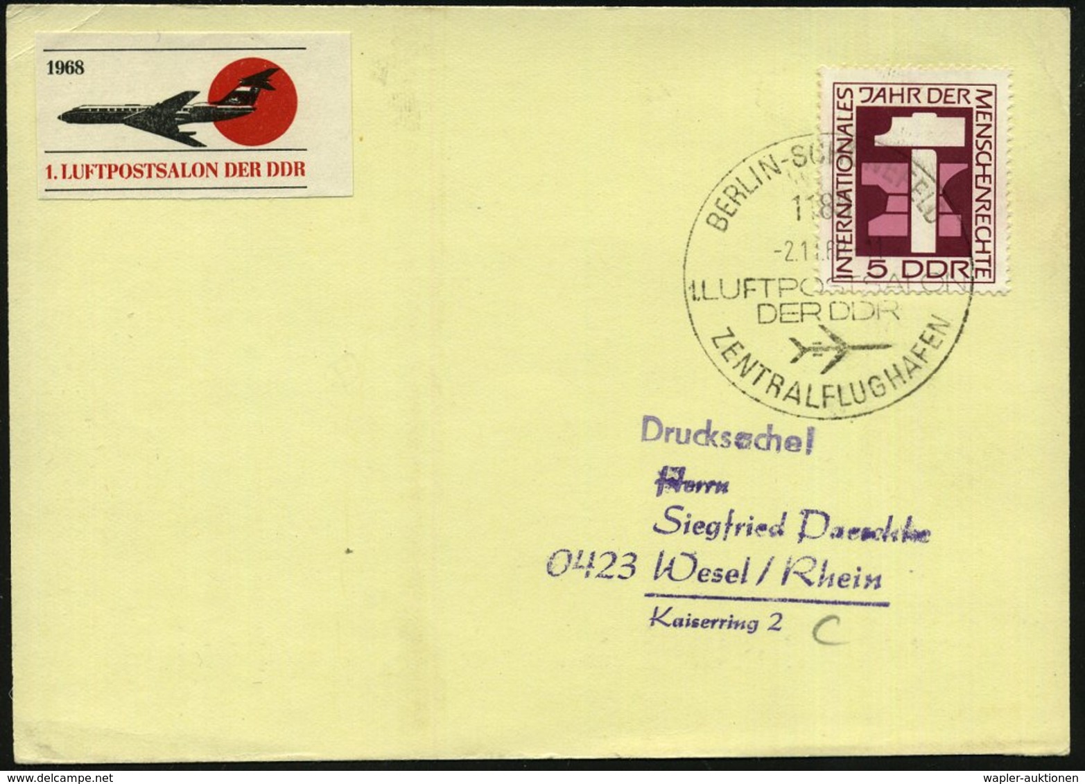 1968 (2.11.) 1189 BERLIN-SCHÖNEFELD ZENTRALFLUGHAFEN, Sonderstempel: I. LUFTPOSTSALON DER DDR + Passende Vignette, Inl.- - Other & Unclassified