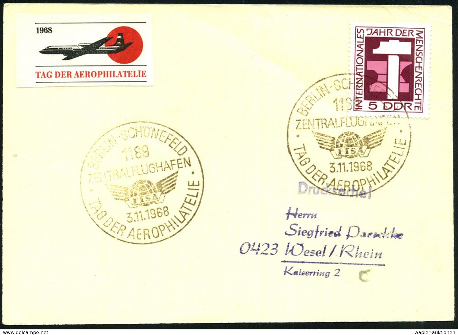 1968 (3.11.) 1189 BERLIN-SCHÖNEFELD ZENTRALFLUGHAFEN, Sonderstempel: TAG DER AEROPHILATELIE + Passende Vignette, Inl.-Ka - Other & Unclassified