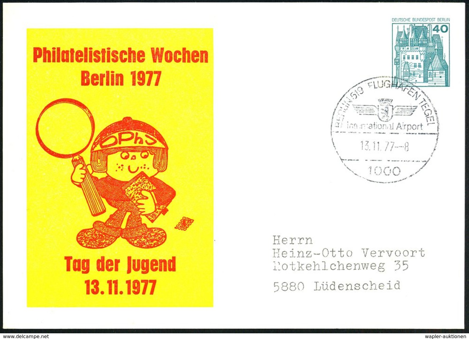 1977 (13.11.) 1000 BERLIN 519 FLUGHAFEN TEGEL, Hand-Werbestempel Auf PP 40 Pf. Burgen: Tag Der Jugend (= Comic-Figur Mit - Other & Unclassified