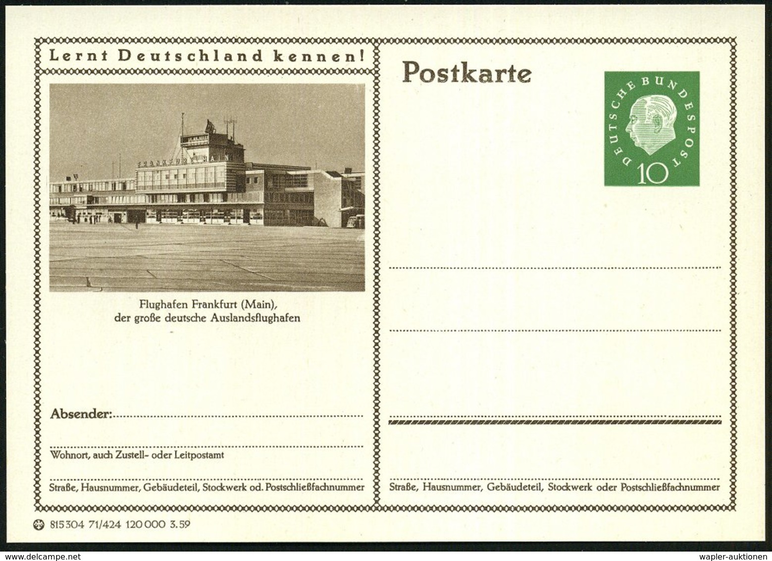 1956/59 Frankfurt/ Main, 10 Pf. Bildganzsache Heuss I Bzw. Heuss III, (je Verschiedene Flughafen-Terminals) Je Ungebr.,  - Sonstige & Ohne Zuordnung