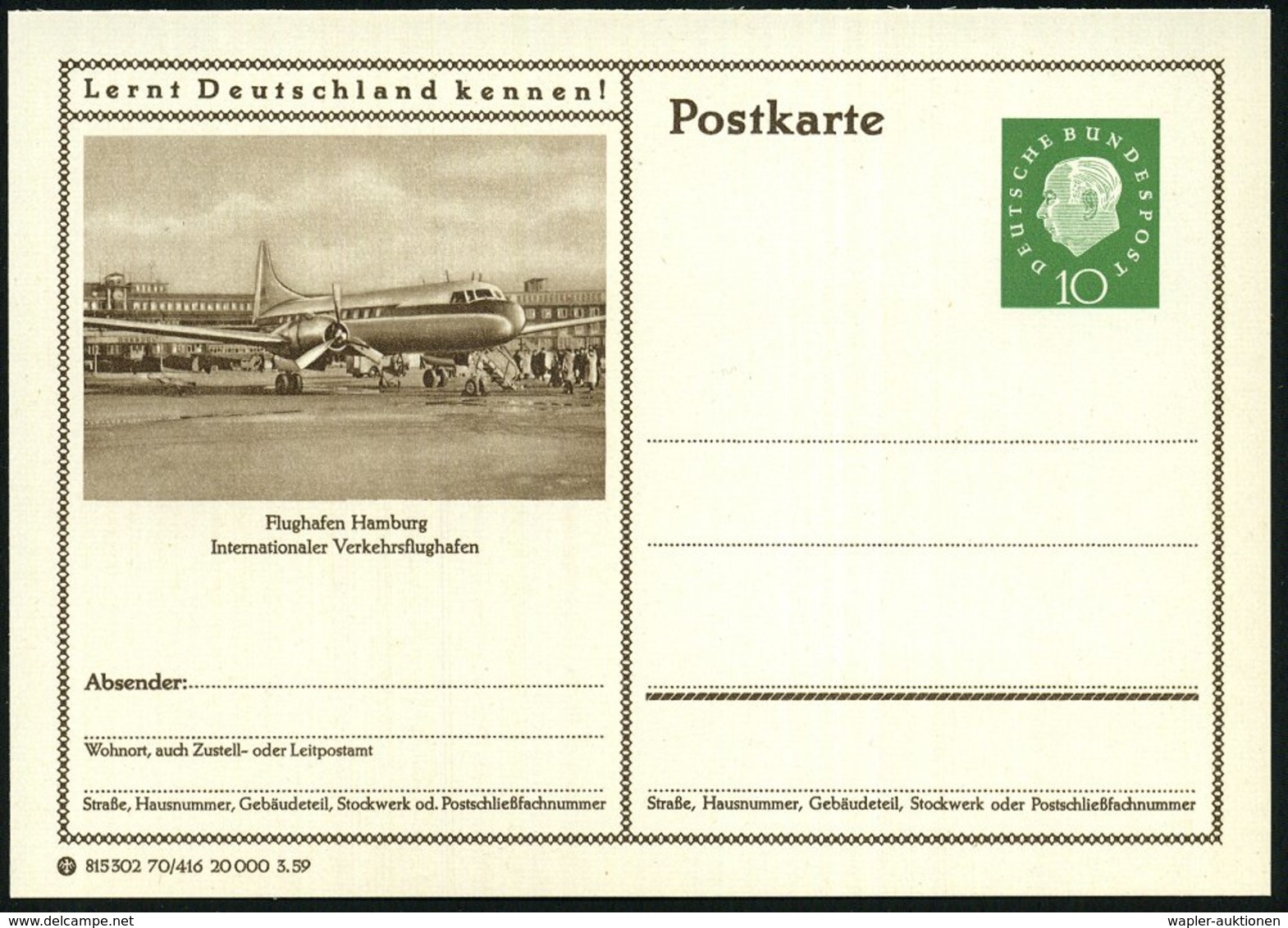 1957/59 Hamburg, 10 Pf. Bildganzsache Heuss I Bzw. Heuss III, Je Flughafen-Terminal (u. "Corvair") Je Ungebr., 2 Belege  - Other & Unclassified