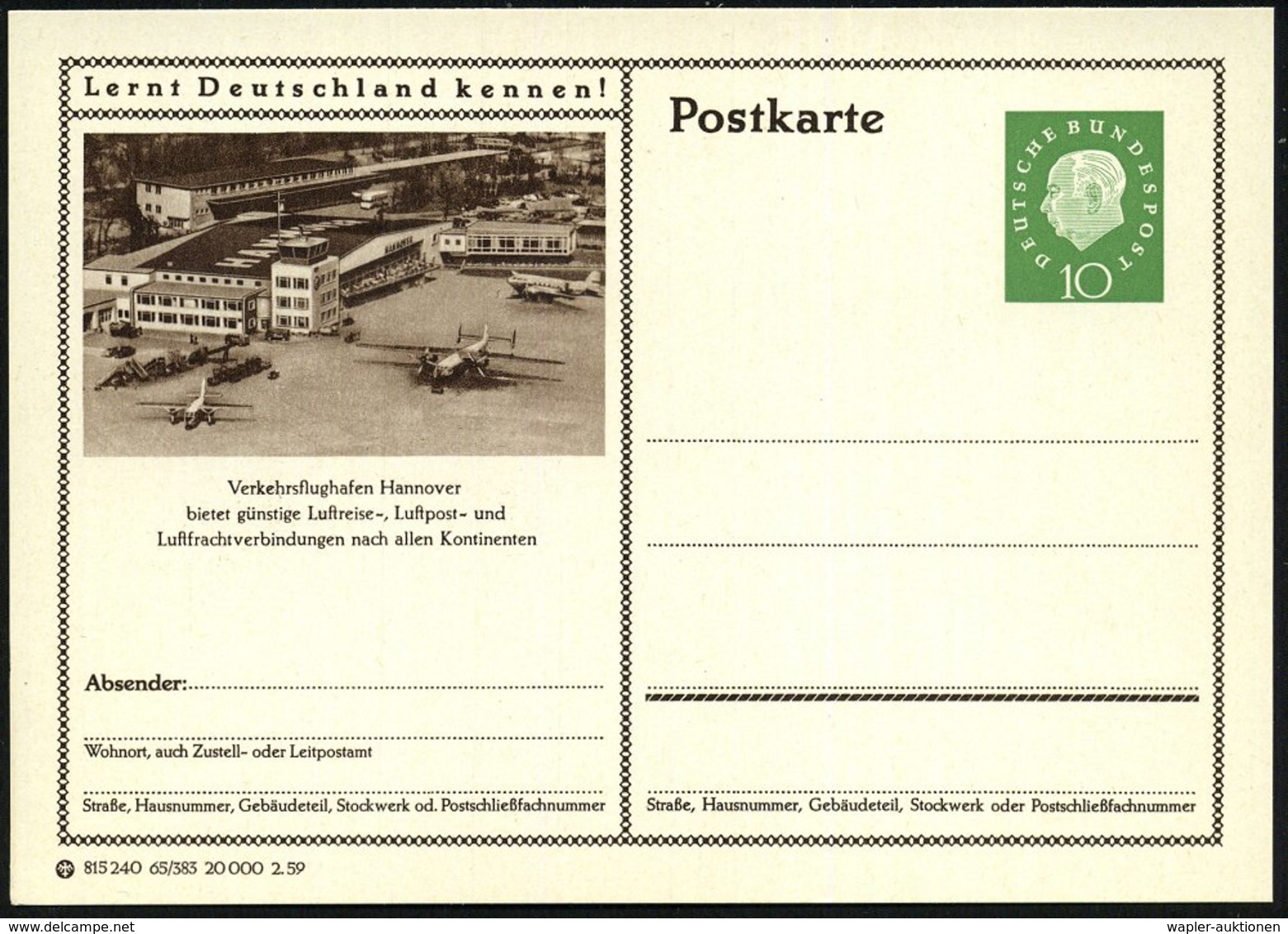 1957/59 Hannover, 10 Pf. Bildganzsache Heuss I (2 Bilder) Bzw. Heuss III, Je Flughafen-Terminal (u. Hangars) Je Ungebr., - Other & Unclassified