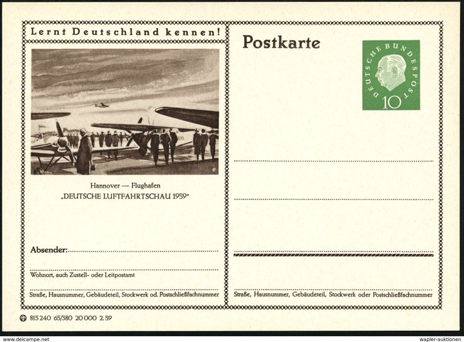 1959 Hannover, 10 Pf. Bildganzsache Heuss III: Flughafen Hannover, DEUTSCHE LUFTFAHRTSCHAU 1959, Ungebr. (Mi.P 41) - Flu - Other & Unclassified