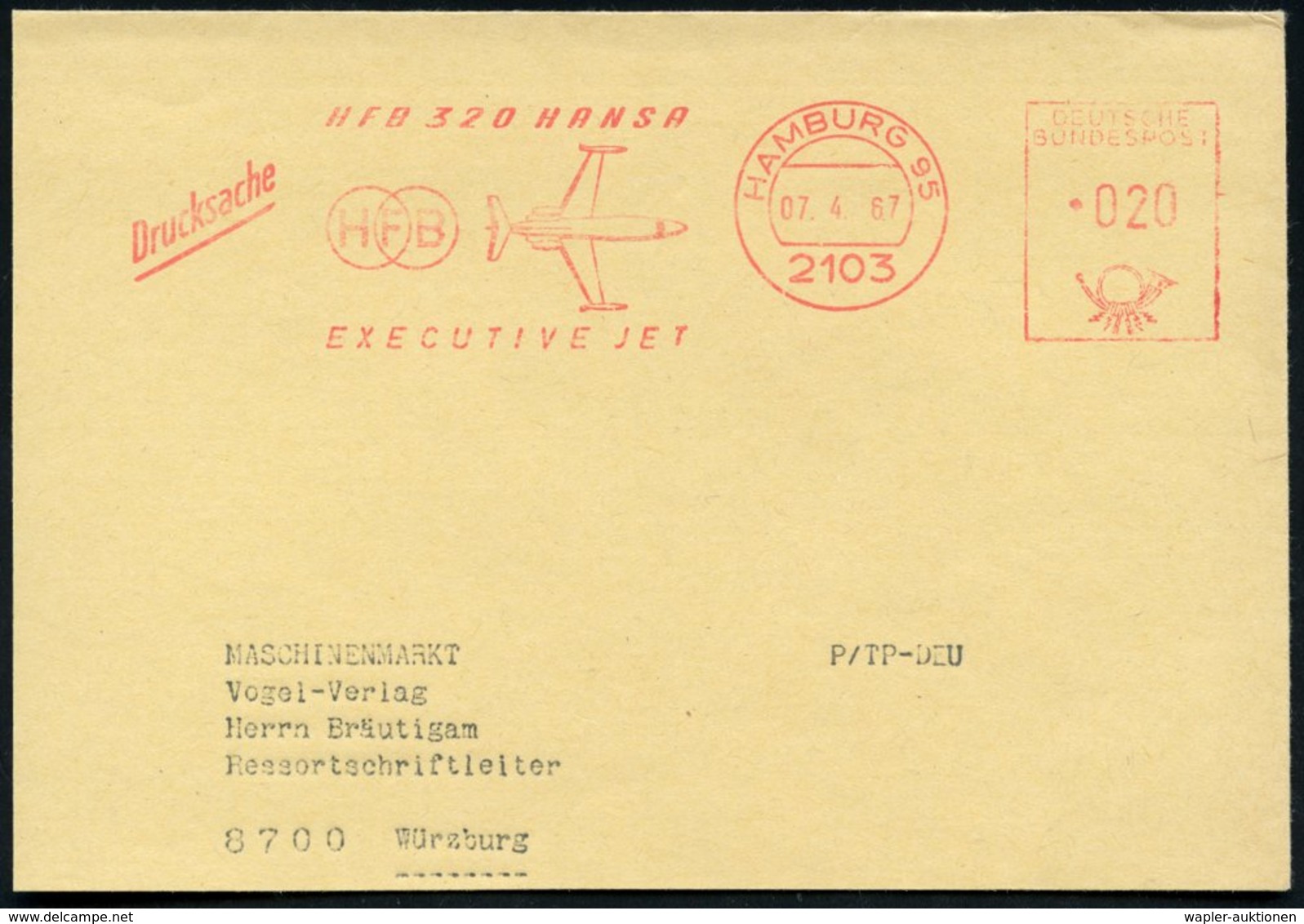 1967 2103 HAMBURG 95, Absender-Freistempel: HFB, HFB "320 Hansa" (Hansa-Ziviljet) = Messerschmitt-Bölkow-Blohm-Flugzeugb - Other & Unclassified