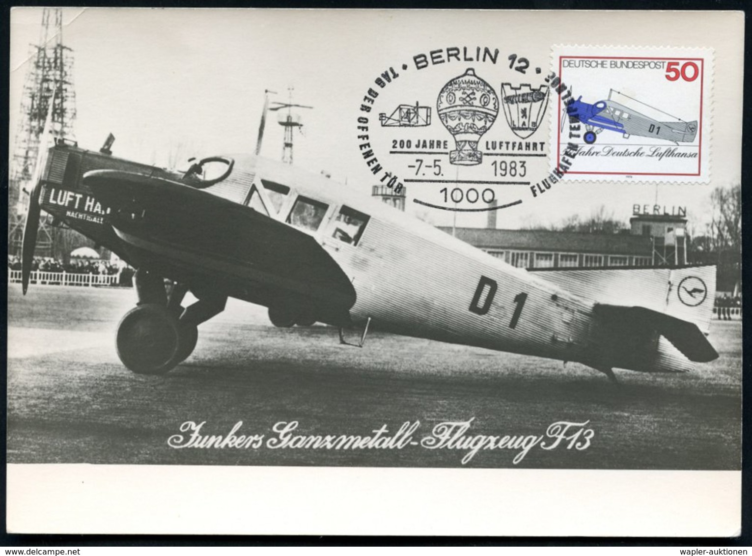 1976/83 1000 BERLIN 12, 50 Pf. Junkers "F 13" , 2x + 2 Verschiedene Sonderstempel (1x "F 13"), 2 Maximumkarten, 2 Belege - Other & Unclassified
