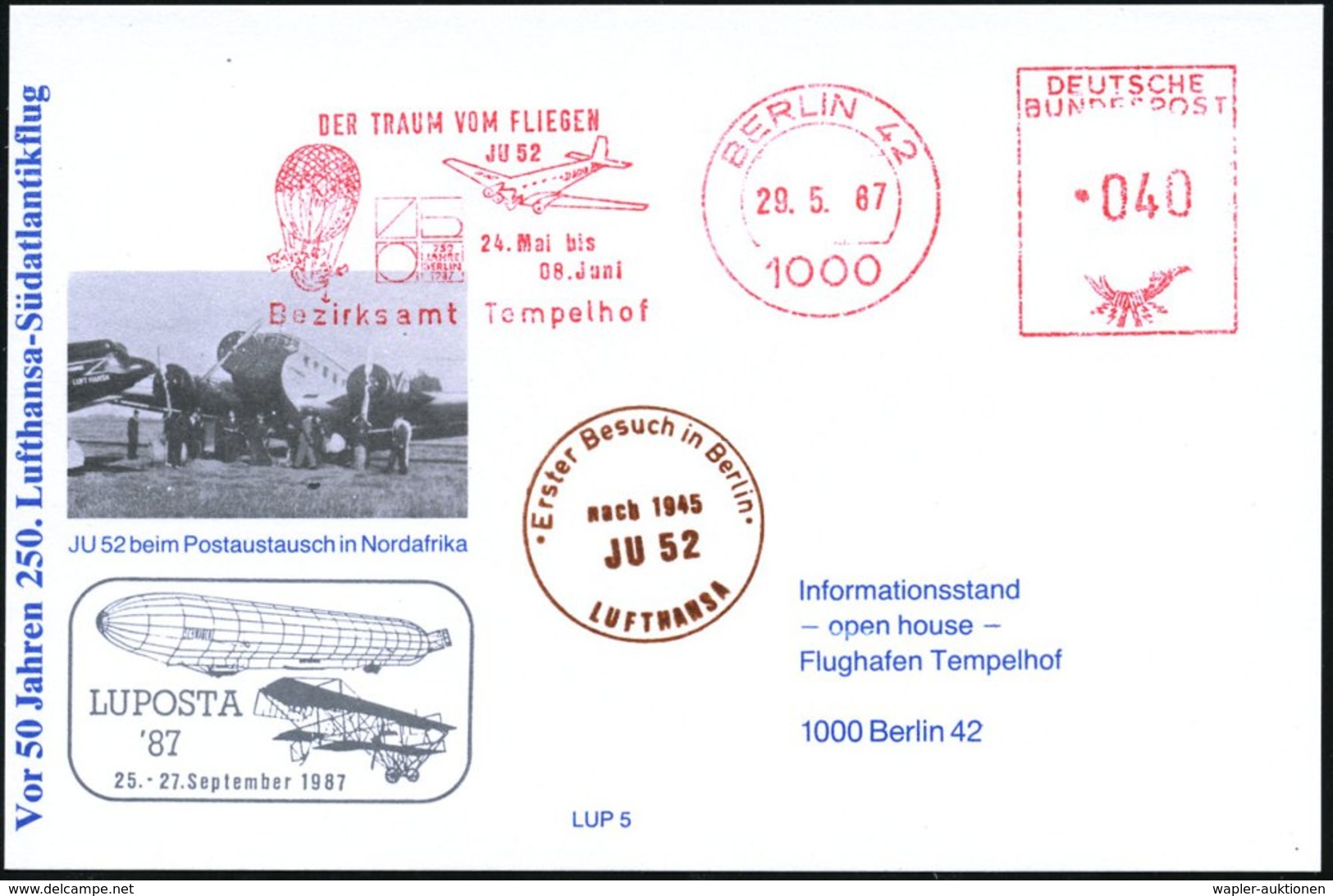 1987 (29.5.) 1000 BERLIN 42, Kommunaler Absender-Freistempel: 750 JAHRE BERLIN Mit Junkers "Ju 52" U. Ballon + Nebenstem - Other & Unclassified