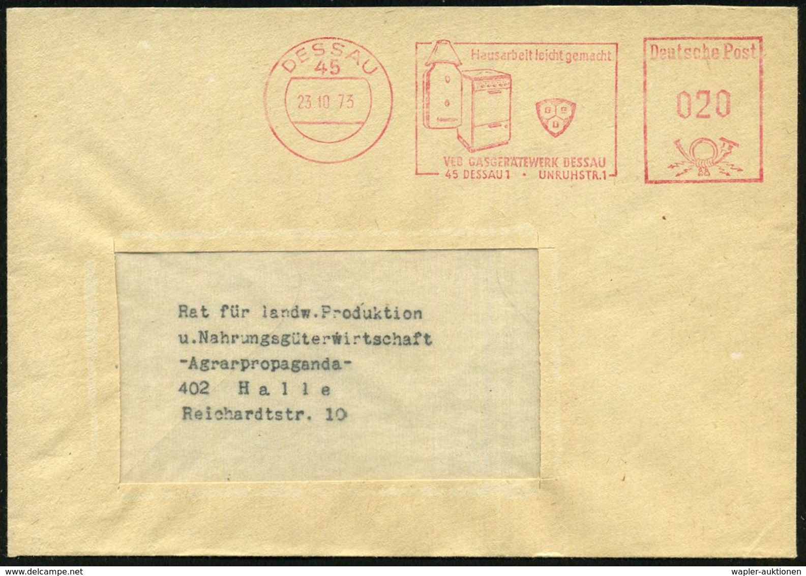 1973 45 DESSAU, Absender-Freistempel: VEB GASGERÄTEWERK DESSAU (Gasherd, Gasdurchlauferhitzer) = Ex Firma Junkers, Inl.- - Andere & Zonder Classificatie