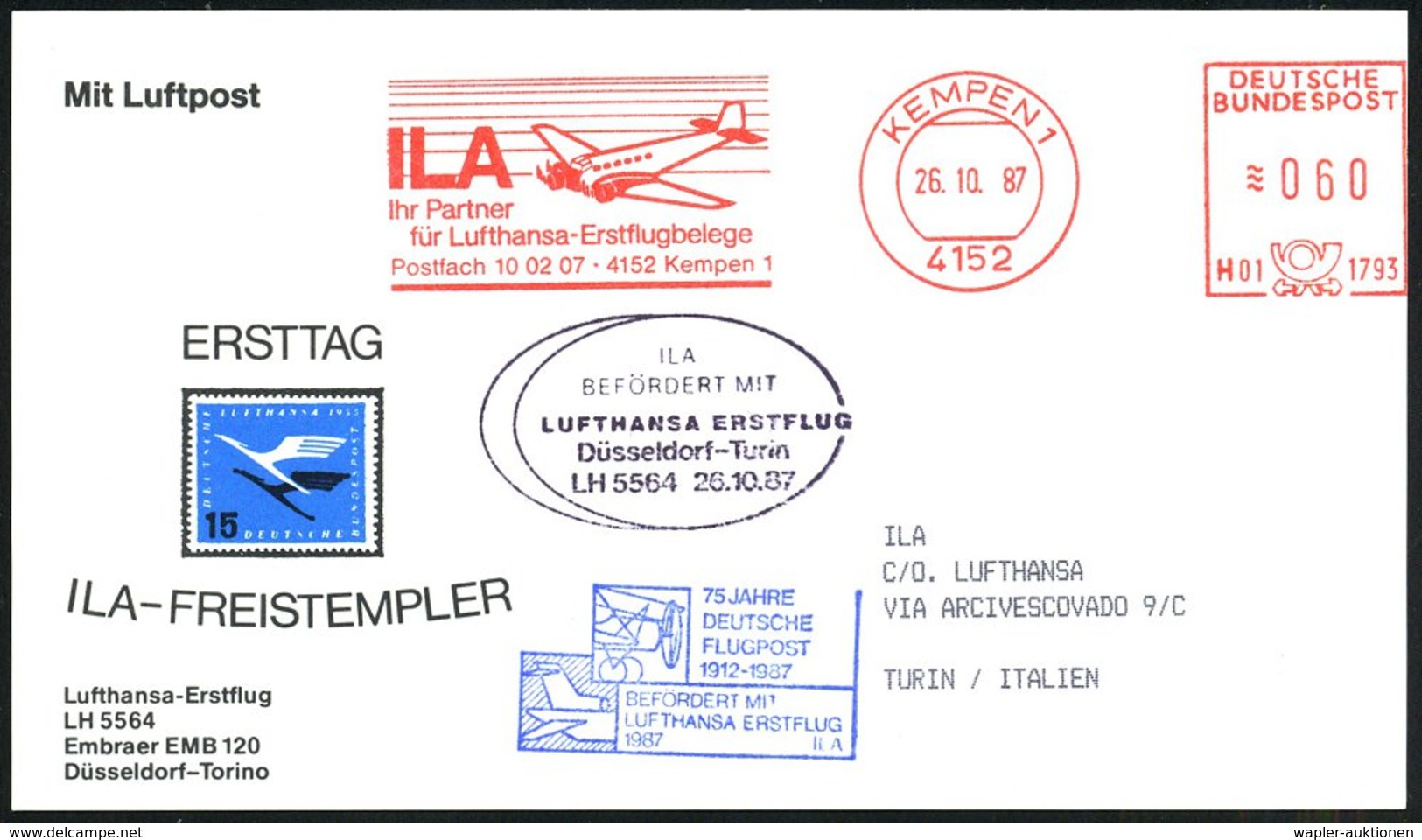 1987 (26.10.) 4152 KEMPEN 1, Absender-Freistempel: ILA.. = Junkers "Ju 52" + Nebenstempel: Lufthansa-Erstflug Düsseldorf - Other & Unclassified