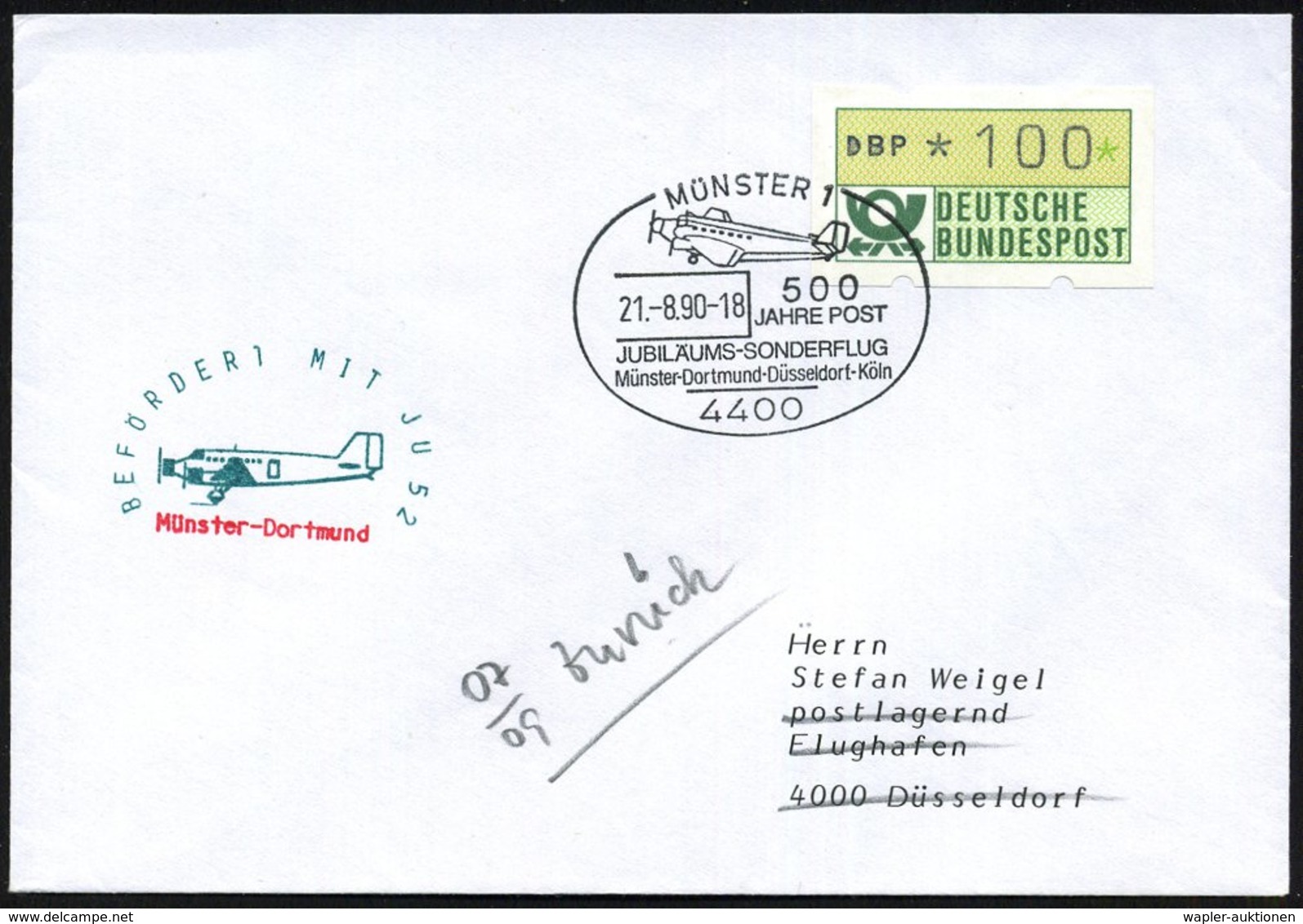 1990 (21.8.) 4400 MÜNSTER 1, Sonderstempel "500 Jahre Post" Sonderflug Münster - Düsseldorf  (rs. Ank.-Stempel) + Leitst - Other & Unclassified