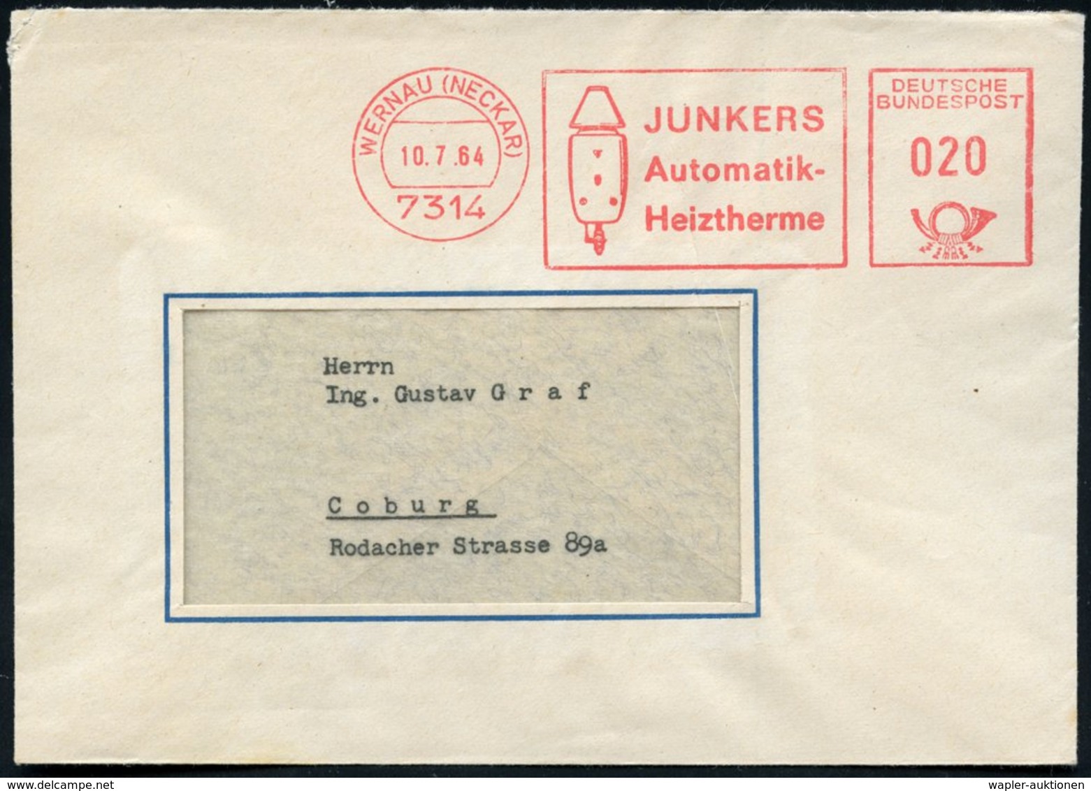 1964 7313 WERNAU, Absender-Freistempel: JUNKERS.. (= Gas-Durchlauferhitzer) Firmenbrief - Junkers & Junkers-Flugzeuge /  - Other & Unclassified