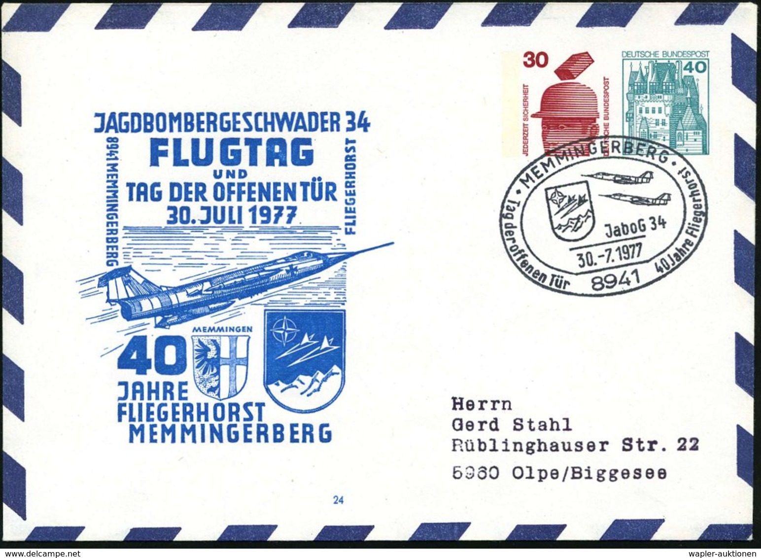 1977 (30.7.) 8941 MEMMINGERBERG, PU 30 Pf. Unfall + 40 Pf. Burgen: JABO-GESCHWADER 34 FLUGTAG = Kampfjet "Starfighter" + - Other & Unclassified