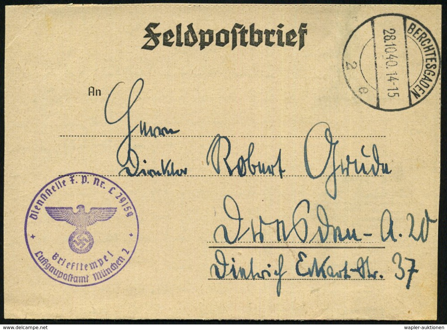 1940 (28.10.) BERCHTESGADEN 2, 1K-Brück + Briefstempel: Feldpostnr. L 29159 Lg.-Postamt München 2 = 5. Battr. Res.-Flak- - Other & Unclassified