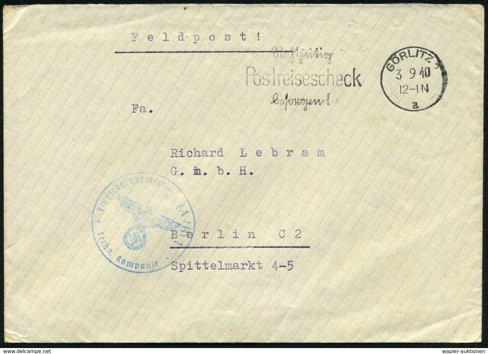 1940 (3.9.) GÖRLITZ 1, Maschinen-Werbestempel: Rechtzeitig Postreisescheck Besorgen! (teils Sütterlin) + Briefstempel: F - Other & Unclassified