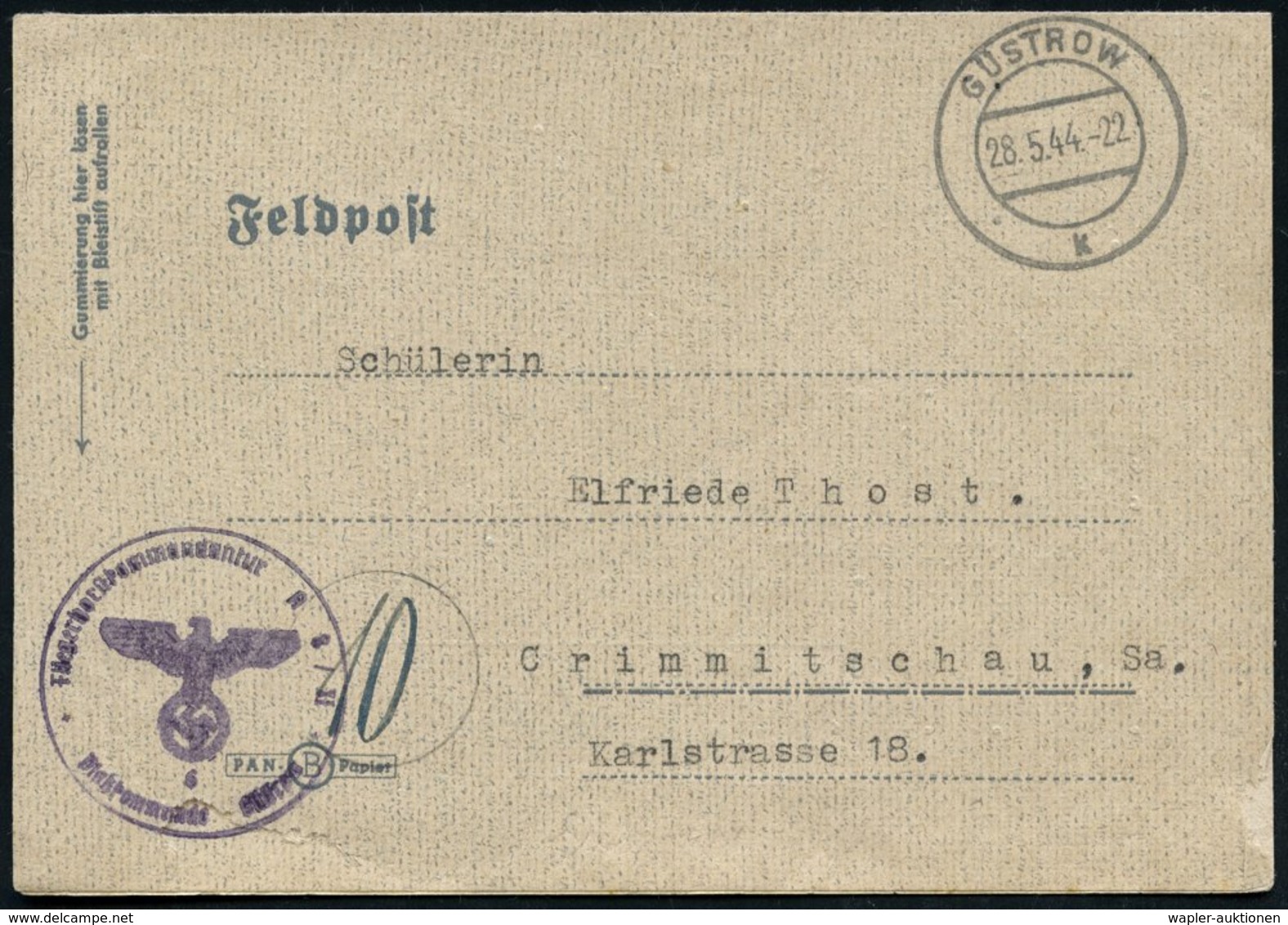 1944 (28.5.) GÜSTROW, 2K-Steg + Briefstempel: Fliegerhorstkommandantur A 8 /  XI, Platzkommando Güstrow, Feldpost-Faltbr - Other & Unclassified