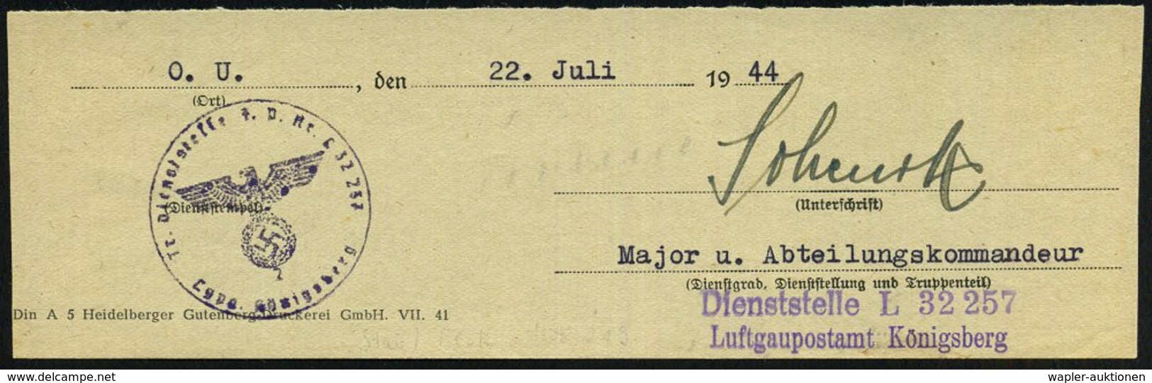 1944 (22.7.) Königsberg/ Pr., Briefstempel: Tr. Dienststelle F. P. Nr. L 32 257 Lgpa. Königsberg = Stab Flak-Abt. 219 +  - Other & Unclassified